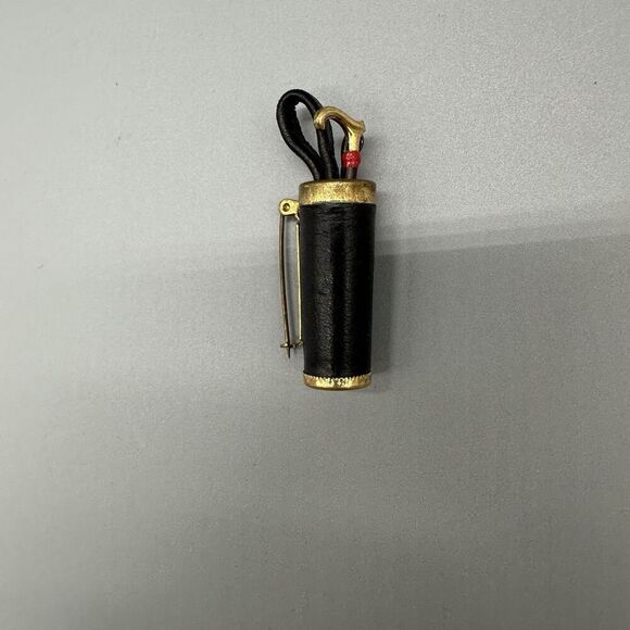 Vintage Cane Holder Brooch Pin Jacket Hat Brooch Gold Tone Black Leather 2” - Picture 1 of 6